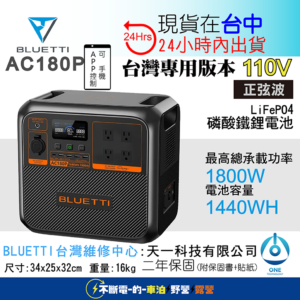 天一科技移動電源 BLUETTI AC180P 1800W 1440WH 110V 於2023年8月全新上市